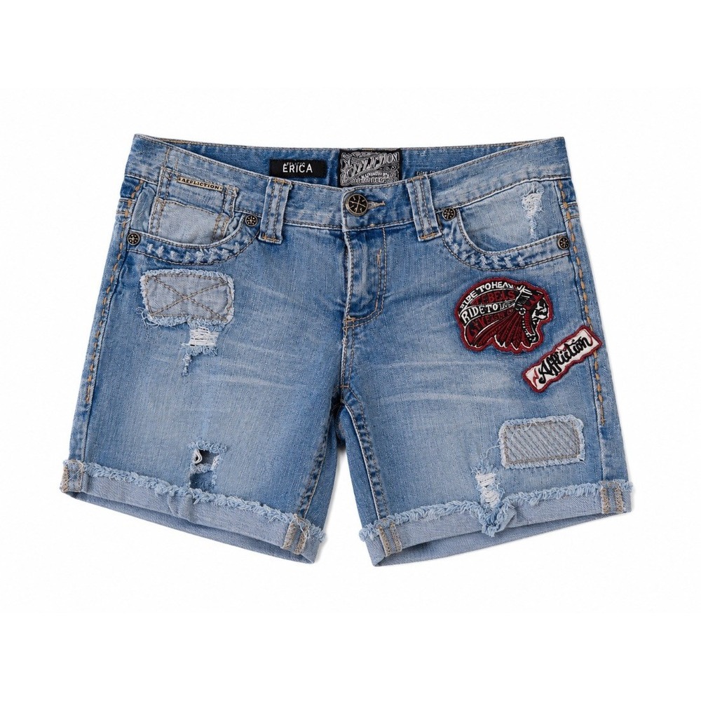 Affliction Black Premium Womens Distressed Denim Shorts Patches Light Wash Sz 29